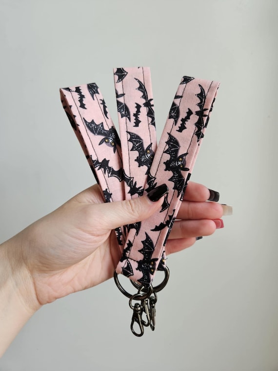 Vintage Halloween Bats Wristlet Keychain, Key Fob Cotton Fabric Trending Now, Pastel Goth Aesthetic, Gifts for mom, Horror