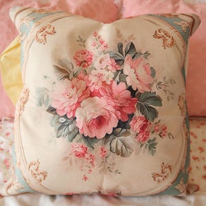 Printed Canvas Throw Pillow Cover (set of 2) – 18 x 18 Pink and Blue Floral Decorative Pillows – Feminine Cottagecore Shabby Chic Home Decor