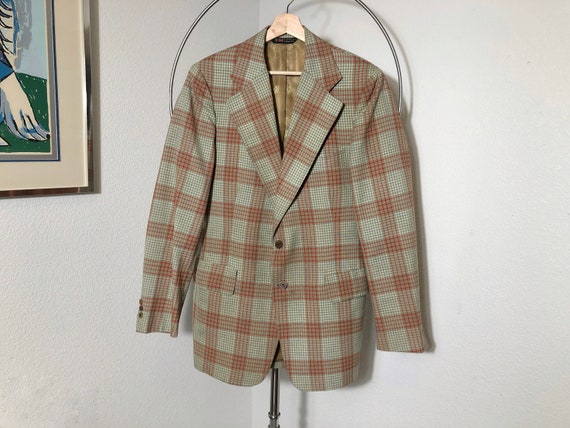 Vintage 70s Men’s Plaid Wool Sportcoat Rust Green… - image 1