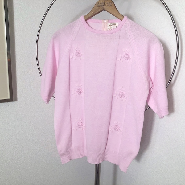 Sweet 60s Classic Short Sleeve Pink Flowers Sweater - Medium