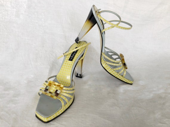 Vintage 60s Italian Lucite Heel Yellow Plaid or G… - image 1