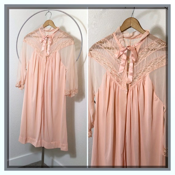 Vintage Peach Romantic Lace Chiffon Robe Housedre… - image 1