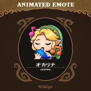 May include: An animated emote featuring a blonde character with pointed ears wearing a green hood, playing a blue ocarina. Pink and orange musical notes float around the character. The text reads ANIMATED EMOTE, オカリナ, ocarina, and Niikiya.