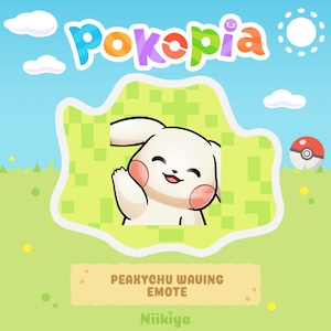 May include: A digital illustration featuring a white cartoon character with pink cheeks waving. The character is inside a green pixelated shape, with the word "Pokopia" above. A Pokeball is in the background, with the text "PEAKYCHU WAVING EMOTE" below.
