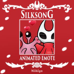 Peut inclure: Graphique rouge avec le mot "SILKSONG" et un design de personnage animé. Le design comprend un personnage en cape rouge et une créature rose avec des cœurs. Le texte "ANIMATED EMOTE" est également présent.