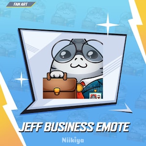 Może przedstawiać: Kreskówkowa ilustracja kota w okularach i garniturze, trzymającego teczkę. Widoczny tekst "JEFF BUSINESS EMOTE" z nazwiskiem artysty "Niikiya". Tło jest niebieskie z białymi gwiazdami i żółtą błyskawicą.