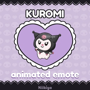 May include: A purple heart-shaped frame with a white scalloped border, featuring a cartoon character named Kuromi. Kuromi is a black and white cat with a skull on her head and a pink bow. The text "KUROMI animated emote" is below the frame.
