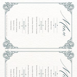 Ausdruckbare Menükarte für Nachmittagstee | Vintage elegante Tea Party Menü-Vorlage | Sofortiger Download PDF | Gartenparty, Bridal Shower, Baby Shower