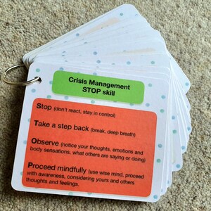 May include: A set of white cards with green and orange accents. The cards are labeled "Crisis Management STOP skill" and include the steps to take when in a crisis: Stop, Take a step back, Observe, and Proceed mindfully.
