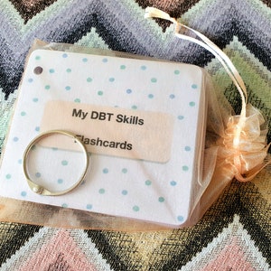 May include: A set of white DBT Skills flashcards with blue polka dots, packaged in a peach-colored organza bag with a silver ring binder. The text on the flashcards reads "My DBT Skills Flashcards".