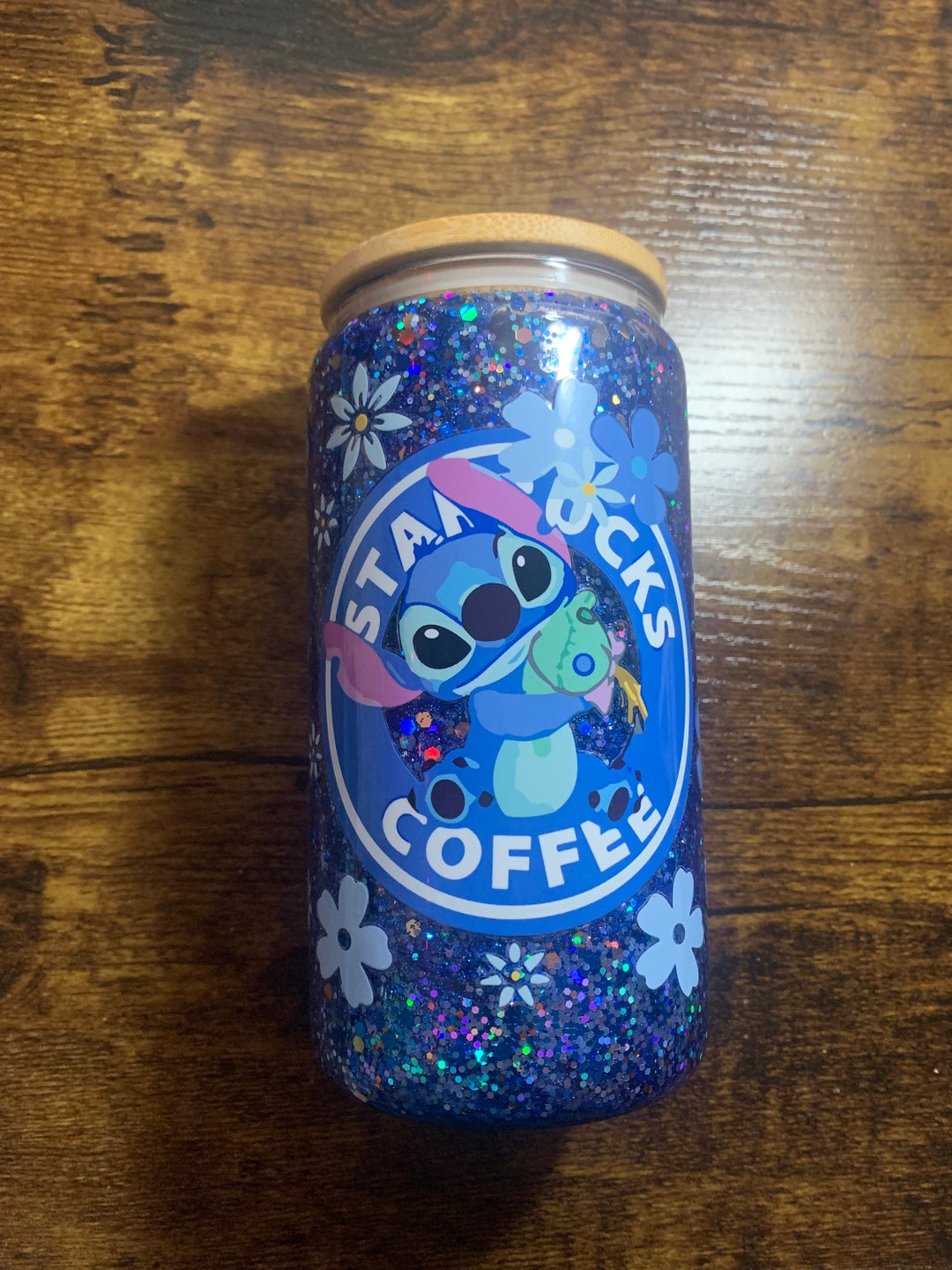 16 Oz Snow Globe Cup Stitch 20oz Glass Glitter Cup Reusable Iced Coffee Etsy