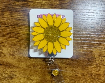 Sunflower Badge Holder - Glitter Retractable Reel - ID holder  Floral - Accessories