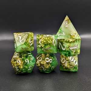 Handmade Green and Gold Resin Dice Set: Sharp Edge RPG Dice