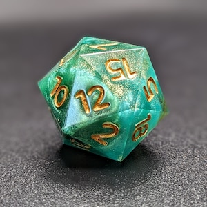Handmade Green Resin d20: Gold Swirls, Sharp Edge RPG Dice