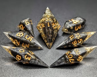 Handmade Black and Gold Resin Dice Set: Sharp Edge Elongated RPG Dice