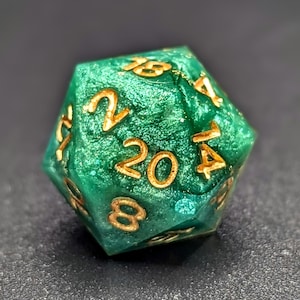 Handmade Green Resin d20: Gold Swirls, Sharp Edge RPG Dice
