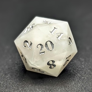 Handmade Blizzard d20 Dice: White Resin Sharp Edge TTRPG Dice