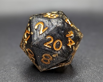 Handmade Black & Gold Resin d20: Sharp Edge RPG Dice