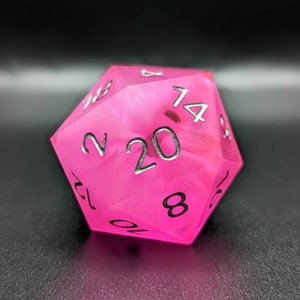 Pink Sunset Handmade Resin Jumbo d20: Silver Numbered TTRPG Dice