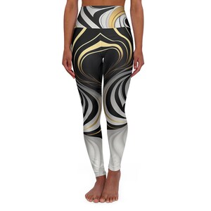 Chic Black & Gold High Waisted Yoga Leggings, Stylish Activewear, Gym Outfit, Casual Pants, Yoga Gift