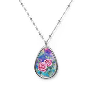 Floral Oval Necklace with Rose Design, Spring Jewelry Gift, Mother&#39;s Day, Birthday, Anniversary, Unique Charm