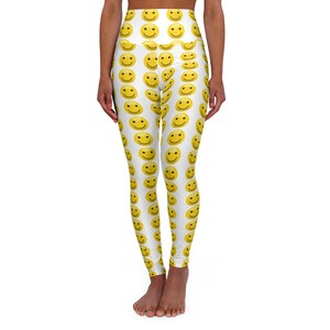 Happy Smiley High Waisted Yoga Leggings, Fitness Leggings, Cheerful Workout Gear, Cute Activewear, Yoga Pants for Women