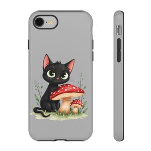 Cute Cat Phone Case, Kawaii Kitty Cover, Pet Lover Gift, Mushroom Design, Nature-Themed Accessory