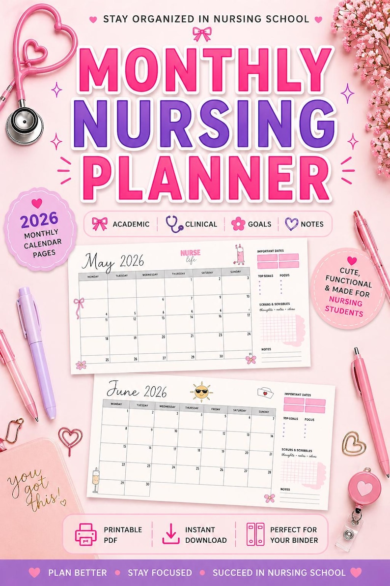 Nursing Student Planner 2026 – Monthly Calendar (digital Download) - Etsy