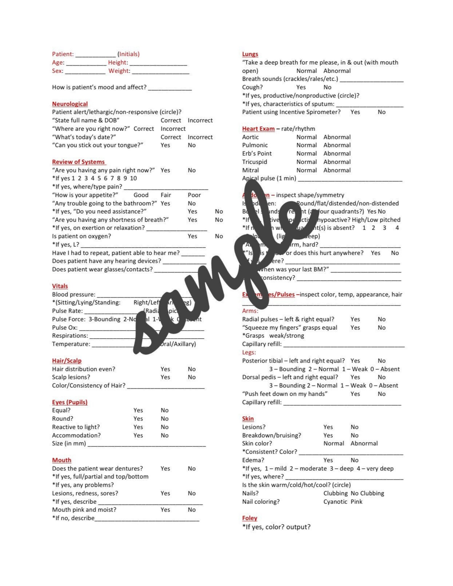 Nursing Student Head to Toe Assessment Sheet Printable - Etsy