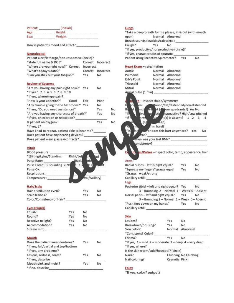 Nursing Student Head to Toe Assessment Sheet Printable - Etsy
