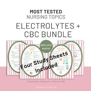 Può includere: Un pacchetto di quattro fogli di studio per studenti di infermieristica. I fogli coprono elettroliti, potassio, calcio e argomenti CBC. Il testo include "Most Tested Nursing Topics" e "Electrolytes + CBC Bundle". Lo sfondo ha un motivo a strisce rosa e bianche.