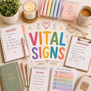 May include: A collection of nursing study materials including a spiral-bound notebook with vital signs definitions, a clipboard with normal ranges, a notepad with key points, a vital signs overview card, pens, highlighters, a candle, and a mug.