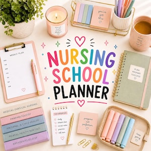 Planner verpleegschool 2026-2027: cijfer-, stemmings- en doeltracker (afdrukbaar pdf-bestand)