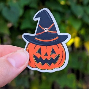 Vintage Pumpkin Witch Hat Sticker - Retro Jack O Lantern Decal, Old Fashioned Halloween, Orange Spooky Cute Decor, Gift