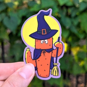 Cactus Witch Halloween Sticker: Retro Spooky Plant Decal
