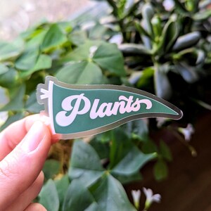 May include: A clear sticker with a green pennant shape and the word "Plants" in white cursive lettering.