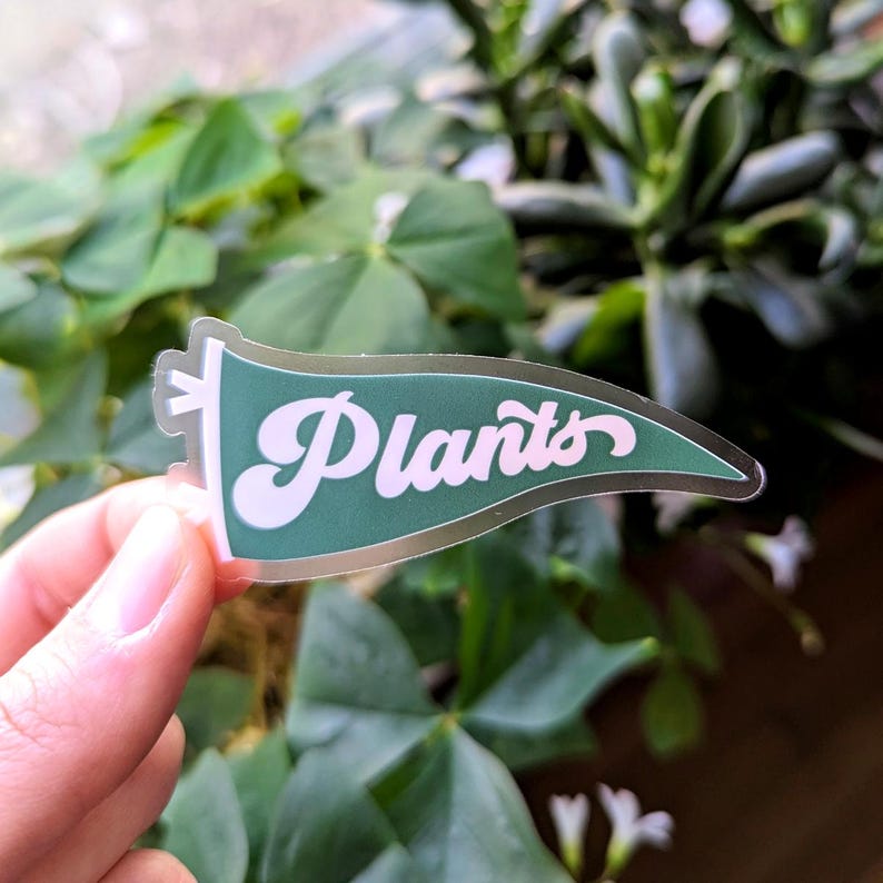 May include: A clear sticker with a green pennant shape and the word "Plants" in white cursive lettering.