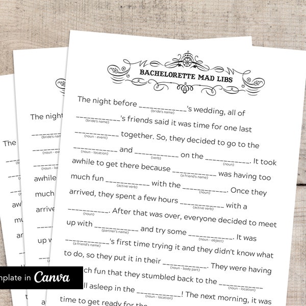 Mad libs template, library card mad libs, bridal party game, wedding reception game, wedding mad libs, Canva printable template