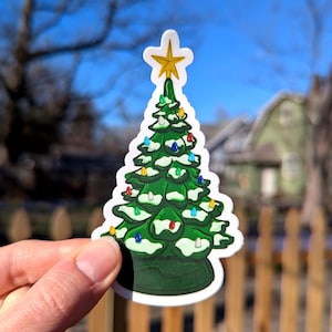 Vintage Ceramic Christmas Tree Sticker - Snowy Retro Holiday Decor Decal