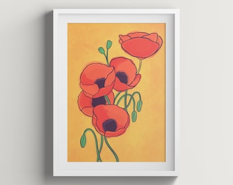 Affiche de coquelicots rouges | Impression d’art botanique colorée | Fleurs de printemps | Art floral printanier | Art mural