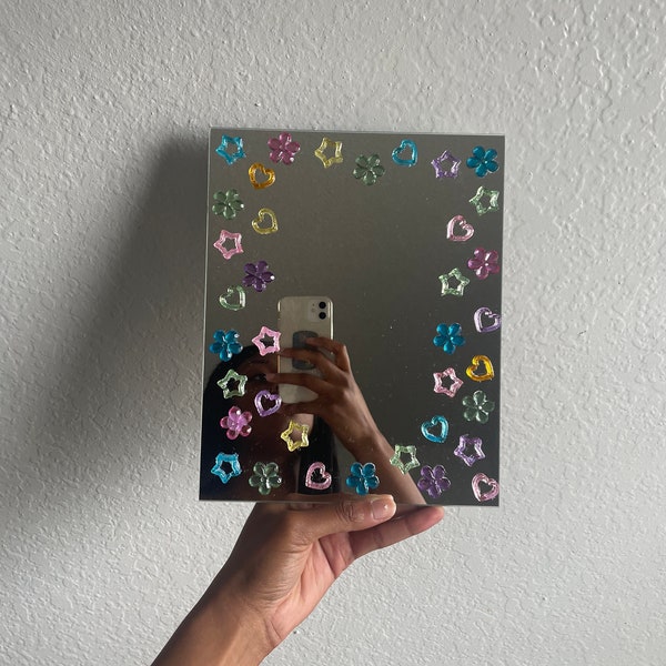Y2K gem wall mirror with wall adhesives included | medium sized mirror with colorful heart, star, and flower charms and sequins