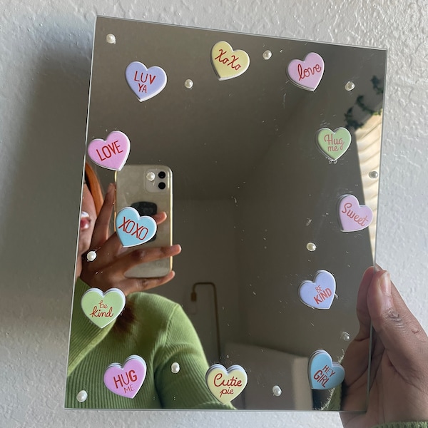 Candy Heart Wall Mirror | Small Wall Mirror Decorated with Hearts and Pearls | Girly Room Decor Mirror for Table or Wall