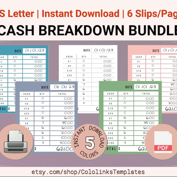 Set of 5 PRINTABLE Cash Breakdown Slips, Teller Slips, Cash Inserts, Bank Slip, Coins Bills, Cents Dollars Count, Money Breakdown Slips V2