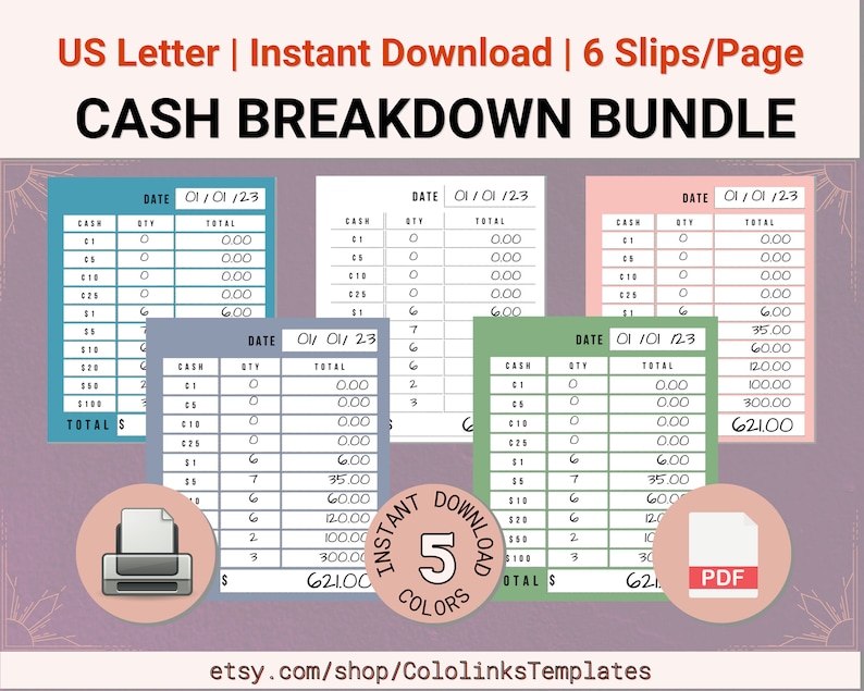 Set of 5 PRINTABLE Cash Breakdown Slips, Teller Slips, Cash Inserts