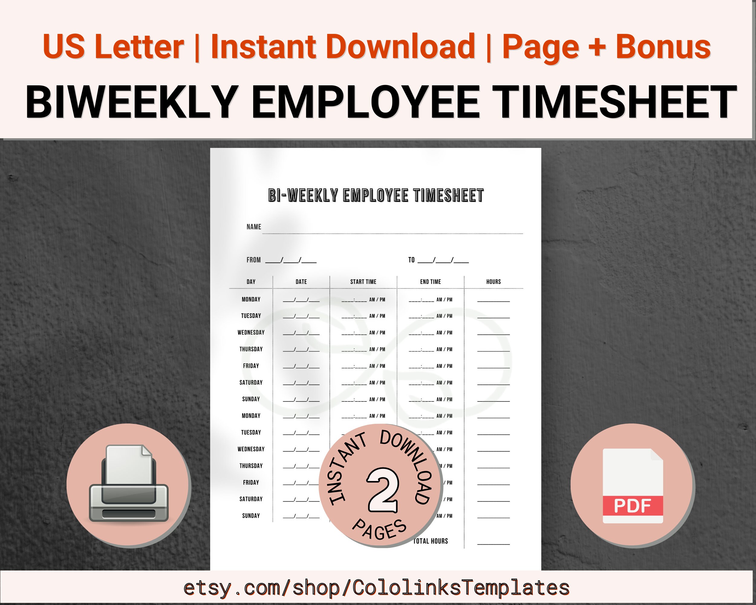 Set of 2 PRINTABLE Employee Timesheet Bundle, Time Tracker, Employee