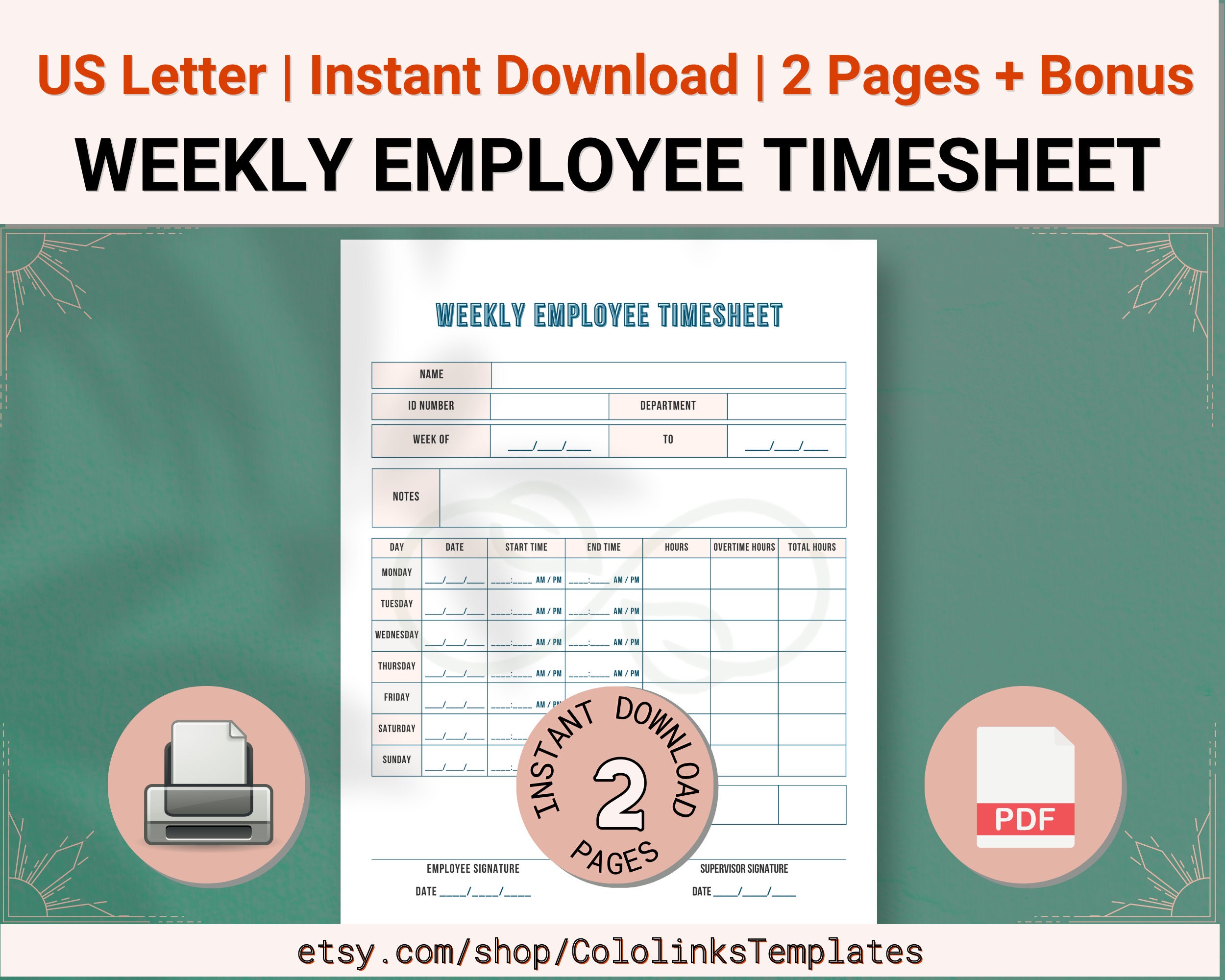 Set of 2 PRINTABLE Employee Timesheet Bundle, Time Tracker, Employee ...
