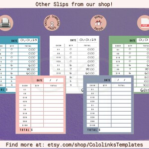 Set of 5 PRINTABLE Cash Breakdown Slips, Teller Slips, Cash Inserts ...