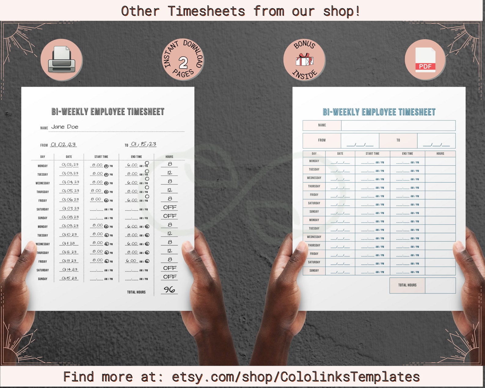Set of 2 PRINTABLE Employee Timesheet Bundle, Time Tracker, Employee