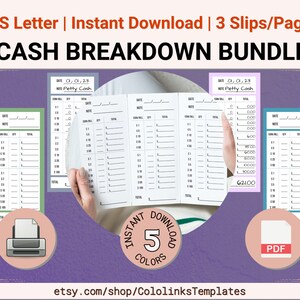 Puede incluir: Un paquete de plantillas de desglose de efectivo con el texto "CASH BREAKDOWN BUNDLE". Las plantillas están diseñadas para tamaño US Letter y descarga instantánea. La imagen muestra 3 hojas por página e incluye 5 colores.