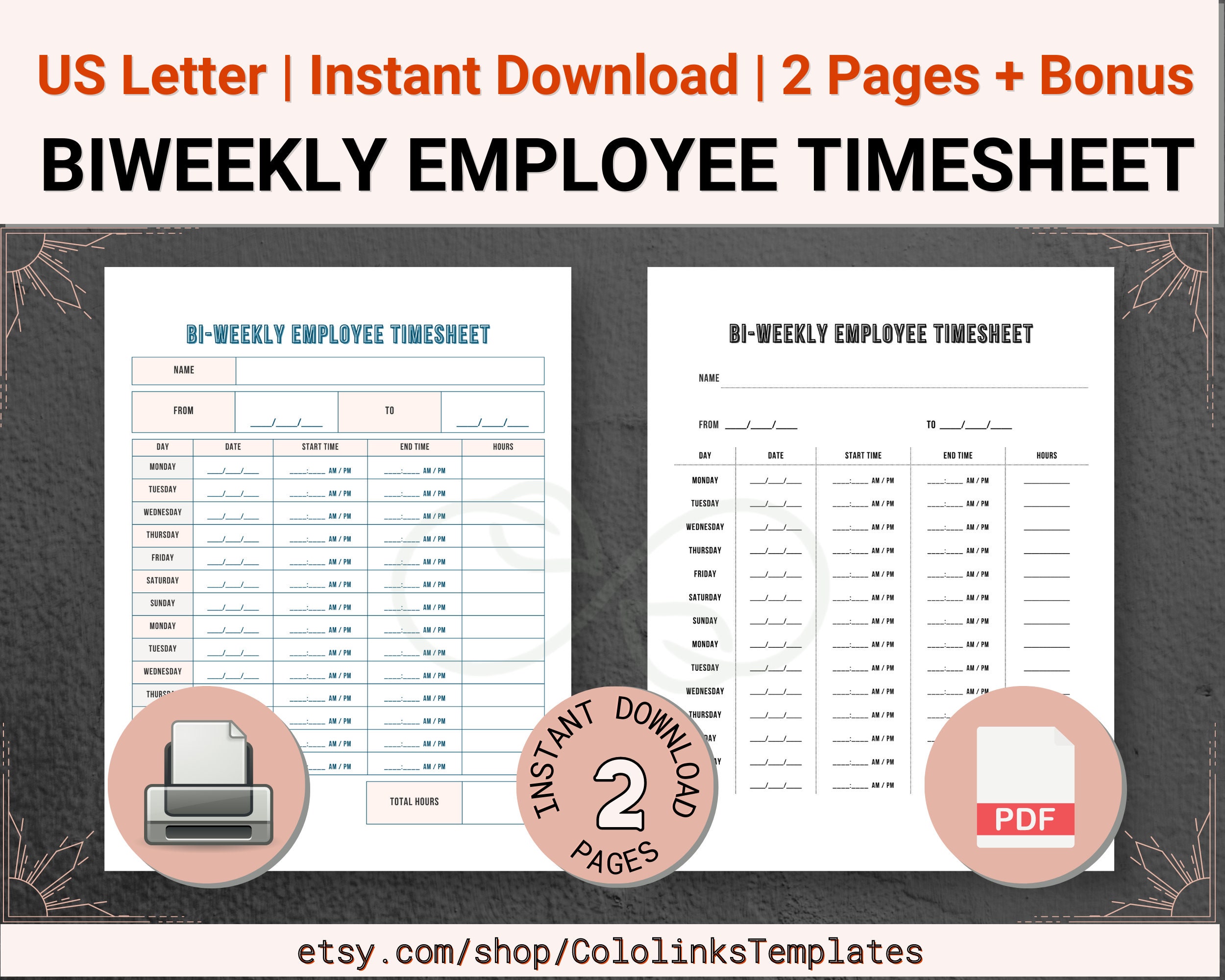 Set of 2 PRINTABLE Employee Timesheet Bundle, Time Tracker, Employee